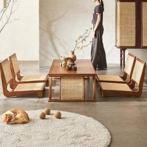 Japanese Solid Wood Rattan Woven Vintage Floor Tea Table Set