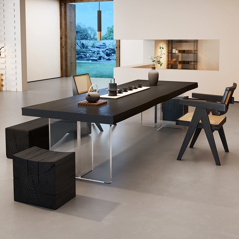 Modern Chinese Wabi Sabi Carbonized Black Solid Wood Tea Ceremony Table With Stools Modern Chinese Wabi Sabi Carbonized Black Solid Wood Tea Ceremony Table With Stools