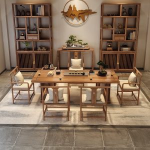 Large Modern Chinese Solid Wood Tea Table Furniture Set With Chairs