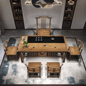 Chinese Solid Wood Tea Table With Black Gold Stone Panel Tabletop