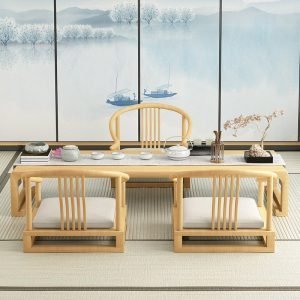Japanese Style Solid Wood Tatami Floor Tea Table Set With Chairs