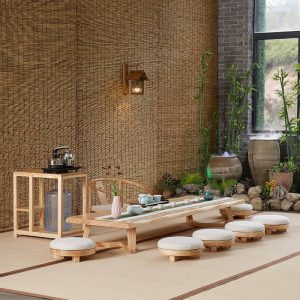 Modern Japanese Style Solid Wood Floor Round Tea Table Furniture With Chairs