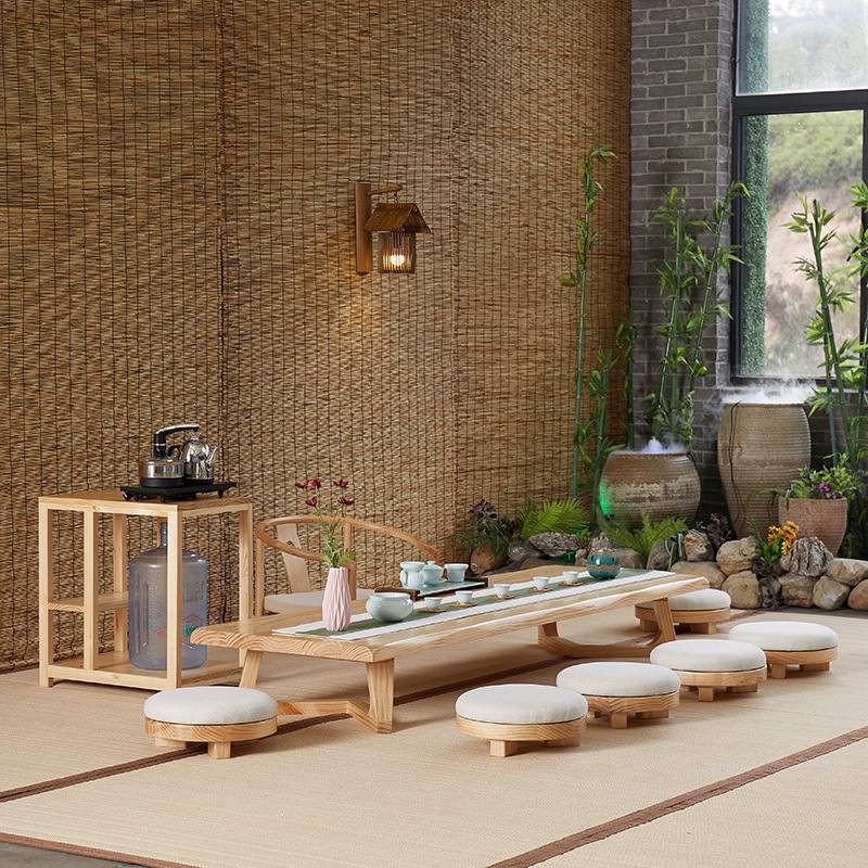 Modern Japanese Style Solid Wood Floor Round Tea Table Furniture With Chairs Modern Japanese Style Solid Wood Floor Round Tea Table Furniture With Chairs