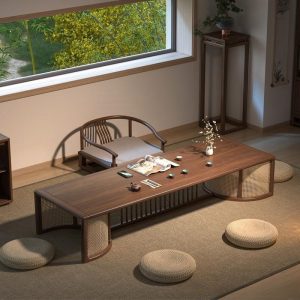 Walnut Wood Japanese Low Floor Folder Tea Table Furniture With Chairs