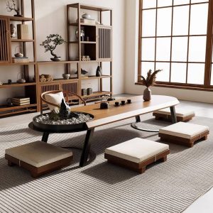 Traditional Japanese Wooden Tea Ceremony Table Set With Chairs