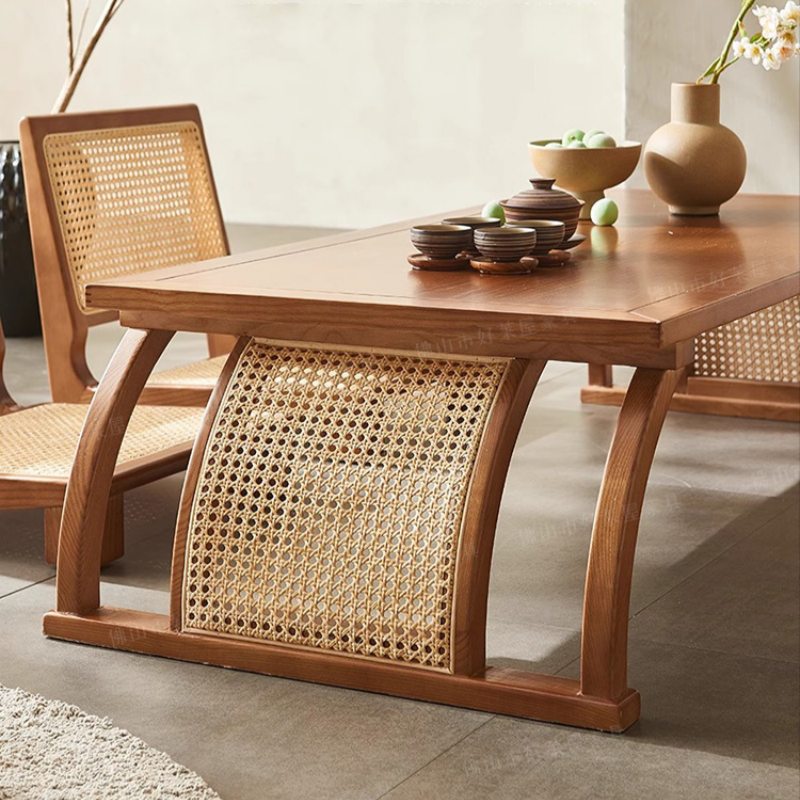 Japanese Solid Wood Rattan Woven Vintage Floor Tea Table Set Japanese Solid Wood Rattan Woven Vintage Floor Tea Table Set