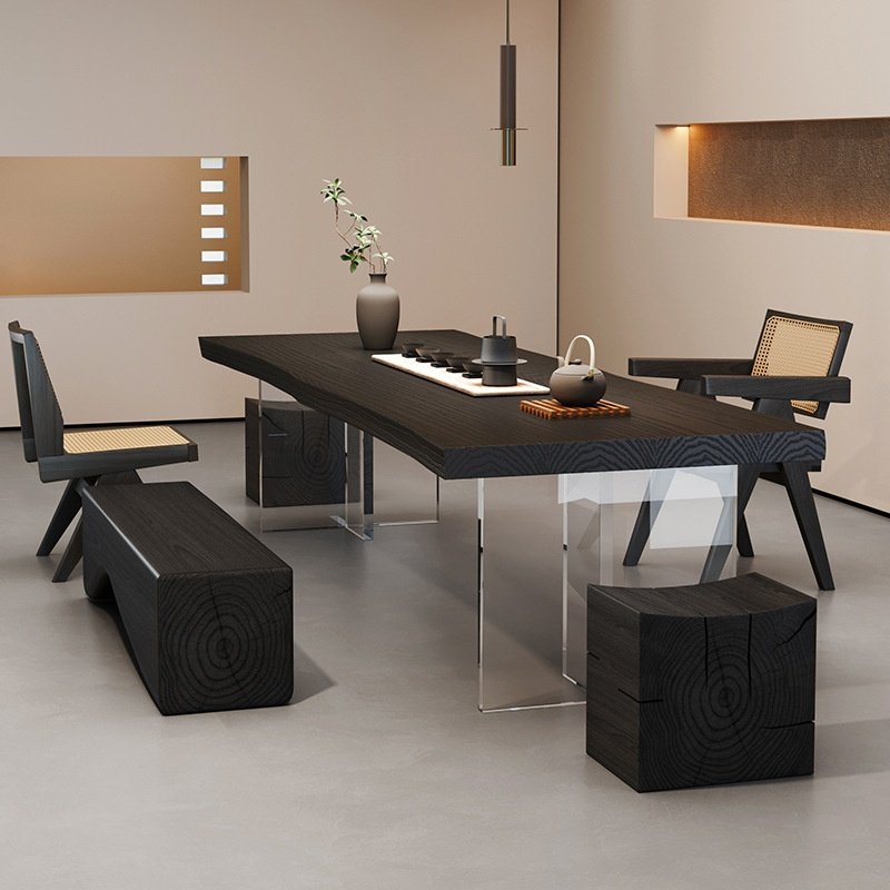 Modern Chinese Wabi Sabi Carbonized Black Solid Wood Tea Ceremony Table With Stools Modern Chinese Wabi Sabi Carbonized Black Solid Wood Tea Ceremony Table With Stools