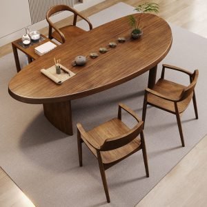 Carved Chinese Solid Wood Arc Kung Fu Tea Ceremony Table With Chairs