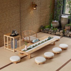 Modern Japanese Style Solid Wood Floor Round Tea Table Furniture With Chairs