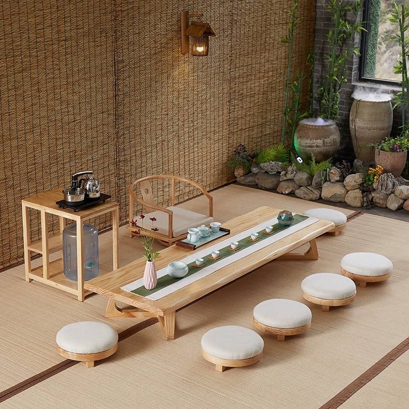 Modern Japanese Style Solid Wood Floor Round Tea Table Furniture With Chairs Modern Japanese Style Solid Wood Floor Round Tea Table Furniture With Chairs