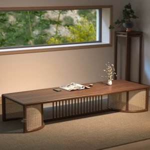 Walnut Wood Japanese Low Floor Folder Tea Table Furniture With Chairs