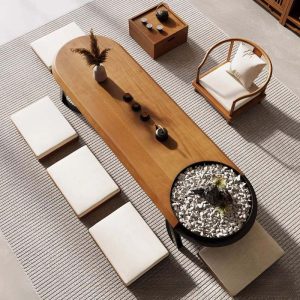 Traditional Japanese Wooden Tea Ceremony Table Set With Chairs
