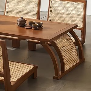 Japanese Solid Wood Rattan Woven Vintage Floor Tea Table Set