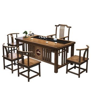 Chinese Solid Wood Tea Table With Black Gold Stone Panel Tabletop