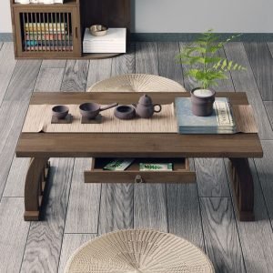 Antique Japanese Bamboo Floor Tea Ceremony Table Set With Chairs