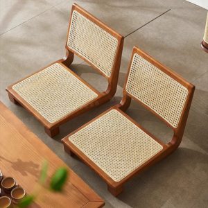 Japanese Solid Wood Rattan Woven Vintage Floor Tea Table Set
