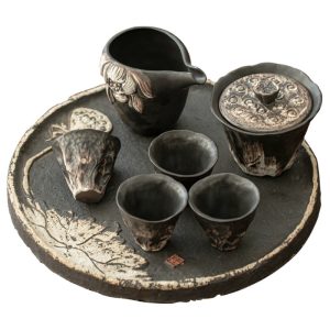 Traditional Rough Pottery Valuable Antique Japanese Tea Ceremony Set