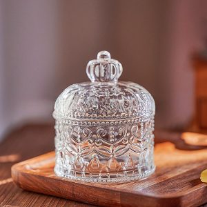 Vintage Relief Small Glass Candy Jar Gift With Crown Lid For Party