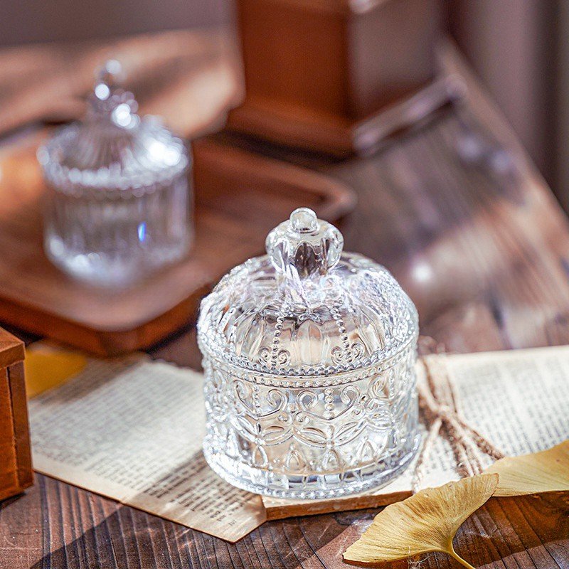 Vintage Relief Small Glass Candy Jar Gift With Crown Lid For Party Vintage Relief Small Glass Candy Jar Gift With Crown Lid For Party