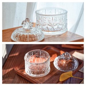 Vintage Relief Small Glass Candy Jar Gift With Crown Lid For Party
