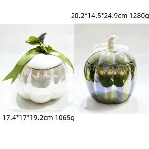 White And Silver Unique Decorative Ceramic Halloween Pumpkin Candy Table Jars With Lids