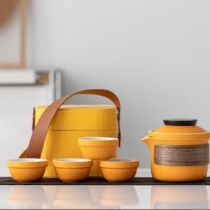 Orange Peanut Shaped Ceramic Portable Tea Set Travel Case For One