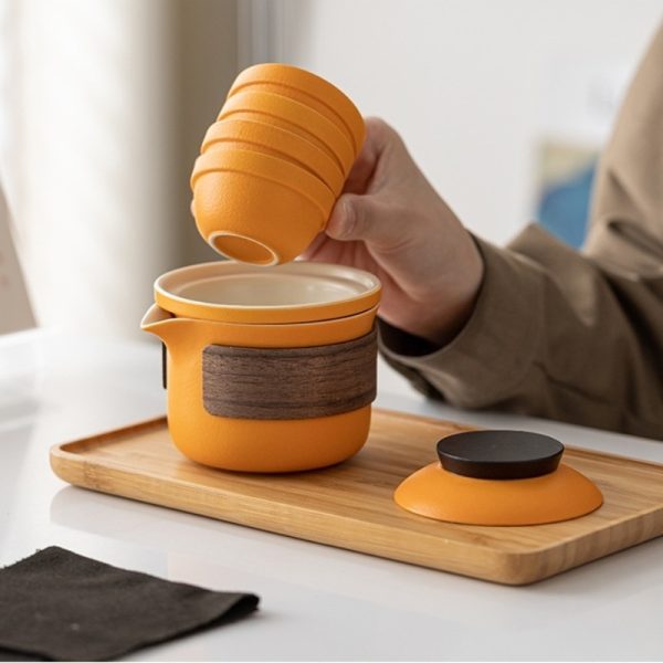 Orange Peanut Shaped Ceramic Portable Tea Set Travel Case For One