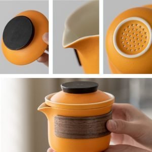 Orange Peanut Shaped Ceramic Portable Tea Set Travel Case For One