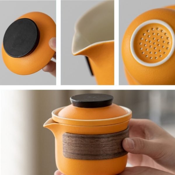 Orange Peanut Shaped Ceramic Portable Tea Set Travel Case For One