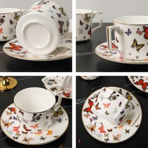 6.8 Fl Oz/200 Ml Hand Painted Butterfly Fine Bone China Tea Cups And Saucers Set