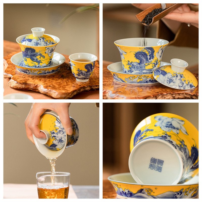 5.41fl Oz/160ml Best Yellow Glaze Dragon Playing In Water Jingdezhen Porcelain Royal Gaiwan Tea Set 5.41fl Oz/160ml Best Yellow Glaze Dragon Playing In Water Jingdezhen Porcelain Royal Gaiwan Tea Set