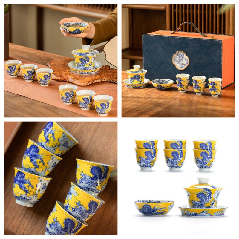 5.41fl Oz/160ml Best Yellow Glaze Dragon Playing In Water Jingdezhen Porcelain Royal Gaiwan Tea Set 5.41fl Oz/160ml Best Yellow Glaze Dragon Playing In Water Jingdezhen Porcelain Royal Gaiwan Tea Set
