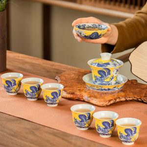 5.41fl Oz/160ml Best Yellow Glaze Dragon Playing In Water Jingdezhen Porcelain Royal Gaiwan Tea Set