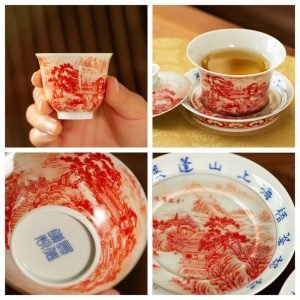 5.41fl Oz/160ml Antique Coral Red Glaze Dragon Landscape Painting Jingdezhen Porcelain Gaiwan Tea Set