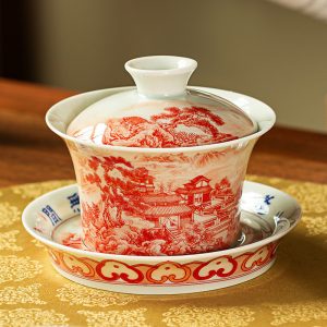 5.41fl Oz/160ml Antique Coral Red Glaze Dragon Landscape Painting Jingdezhen Porcelain Gaiwan Tea Set