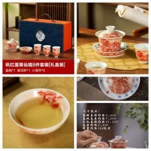 5.41fl Oz/160ml Antique Coral Red Glaze Dragon Landscape Painting Jingdezhen Porcelain Gaiwan Tea Set