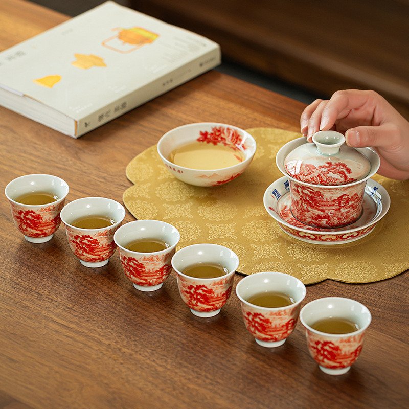 5.41fl Oz/160ml Antique Coral Red Glaze Dragon Landscape Painting Jingdezhen Porcelain Gaiwan Tea Set 5.41fl Oz/160ml Antique Coral Red Glaze Dragon Landscape Painting Jingdezhen Porcelain Gaiwan Tea Set