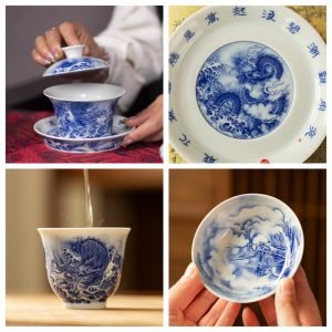 5.41fl Oz/160ml Antique Dragon Pattern Blue And White Porcelain Jingdezhen Gaiwan Tea Set For Sale
