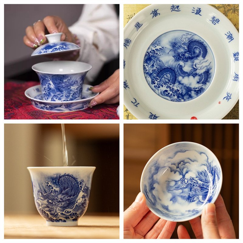 5.41fl Oz/160ml Antique Dragon Pattern Blue And White Porcelain Jingdezhen Gaiwan Tea Set For Sale 5.41fl Oz/160ml Antique Dragon Pattern Blue And White Porcelain Jingdezhen Gaiwan Tea Set For Sale