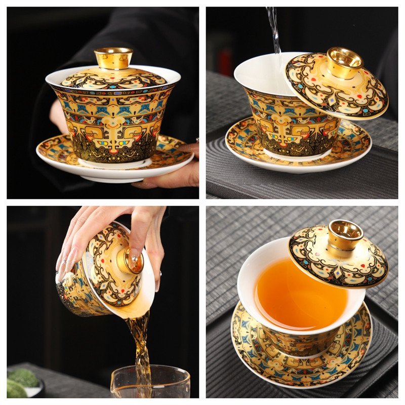 6.08fl Oz/180ml Tibetan Art Thangka Painting Ceramic Gaiwan Tea Set With Hover Lid 6.08fl Oz/180ml Tibetan Art Thangka Painting Ceramic Gaiwan Tea Set With Hover Lid
