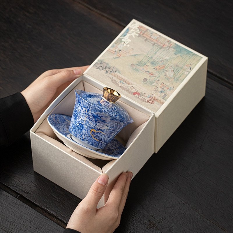 6.08fl Oz/180ml Vintage Chinese Dragon Walking In Flower Sea Pattern Porcelain Gaiwan With Hover Lid 6.08fl Oz/180ml Vintage Chinese Dragon Walking In Flower Sea Pattern Porcelain Gaiwan With Hover Lid