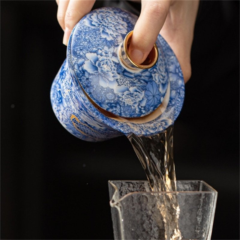 6.08fl Oz/180ml Vintage Chinese Dragon Walking In Flower Sea Pattern Porcelain Gaiwan With Hover Lid 6.08fl Oz/180ml Vintage Chinese Dragon Walking In Flower Sea Pattern Porcelain Gaiwan With Hover Lid