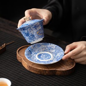 6.08fl Oz/180ml Vintage Chinese Dragon Walking In Flower Sea Pattern Porcelain Gaiwan With Hover Lid