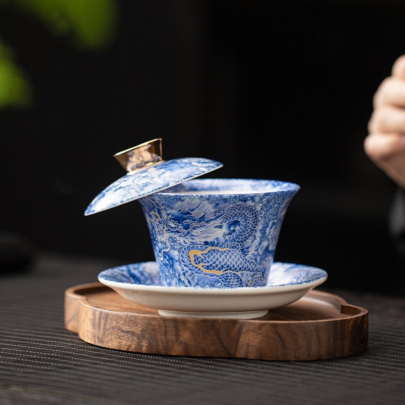 6.08fl Oz/180ml Vintage Chinese Dragon Walking In Flower Sea Pattern Porcelain Gaiwan With Hover Lid 6.08fl Oz/180ml Vintage Chinese Dragon Walking In Flower Sea Pattern Porcelain Gaiwan With Hover Lid