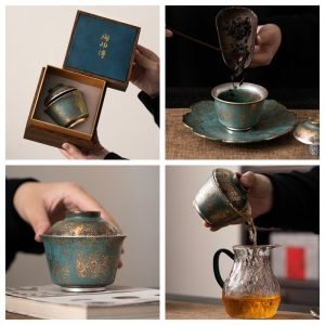 3.38fl Oz/100ml Japanese Style Green Glaze With Gold And Silver Vintage Gaiwan Cup
