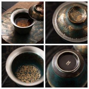 3.38fl Oz/100ml Japanese Style Green Glaze With Gold And Silver Vintage Gaiwan Cup