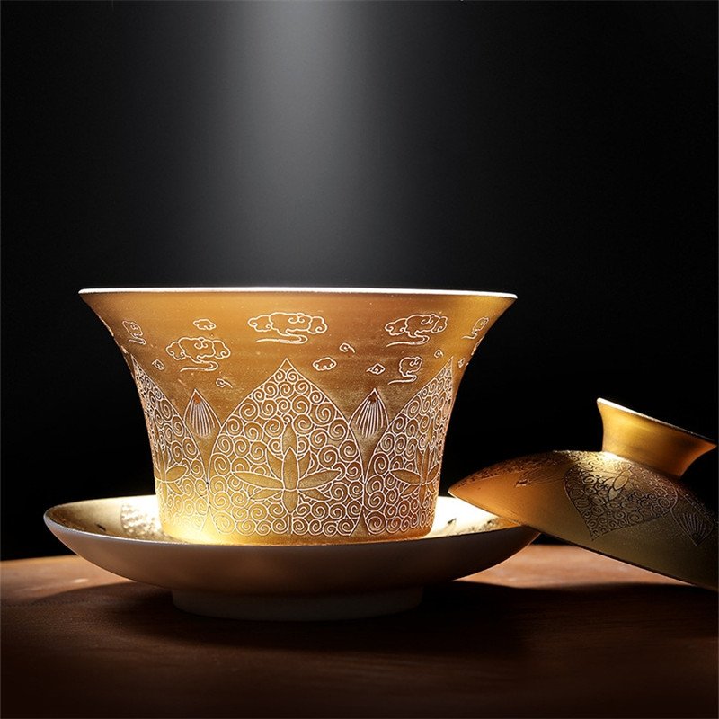 5.07fl Oz/150ml Pure Gold Or Sterling Silver Glaze Ceramic Gaiwan Tea Cup 5.07fl Oz/150ml Pure Gold Or Sterling Silver Glaze Ceramic Gaiwan Tea Cup