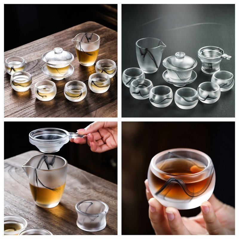 Antique Clear Frosted Ink Colored Glaze Glass Tea Set Antique Clear Frosted Ink Colored Glaze Glass Tea Set