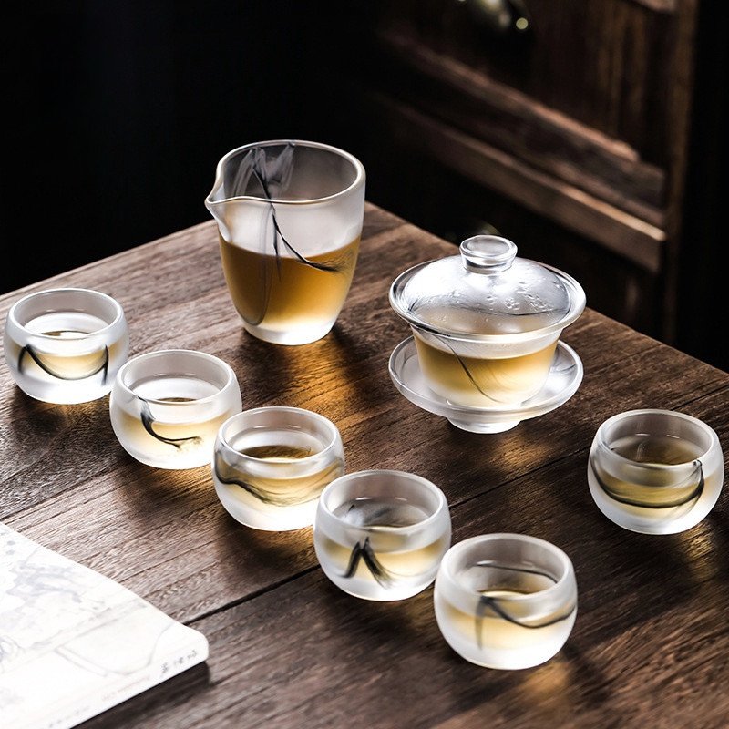 Antique Clear Frosted Ink Colored Glaze Glass Tea Set Antique Clear Frosted Ink Colored Glaze Glass Tea Set