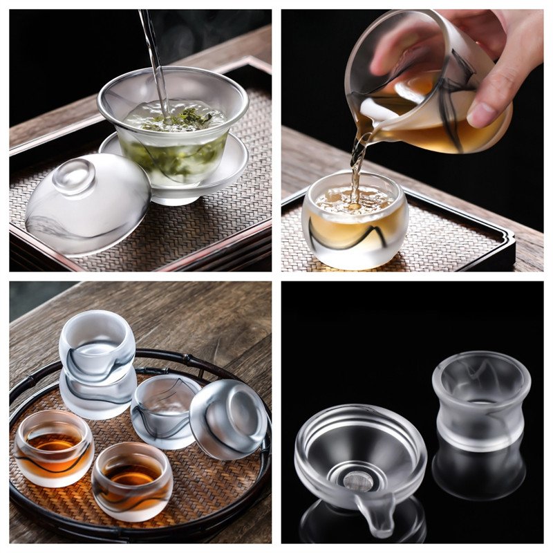 Antique Clear Frosted Ink Colored Glaze Glass Tea Set Antique Clear Frosted Ink Colored Glaze Glass Tea Set